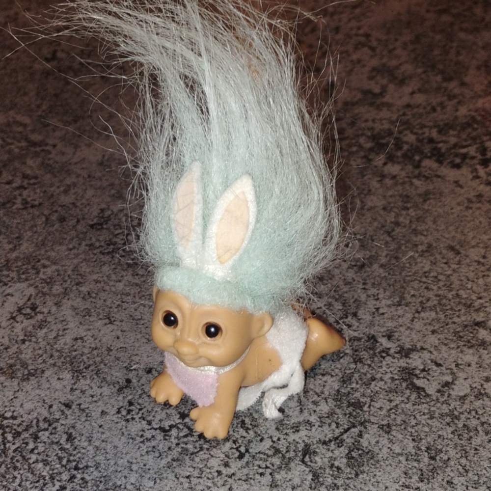 Vintage Russ Crawling Baby Troll with Bunny Ears, Diaper and Bib, Easter, EUC